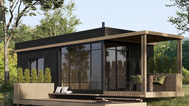 A modern cabin with large windows, a wooden deck, and a cozy seating area. - Romantic Home in Neufchateau (Neufchateau)