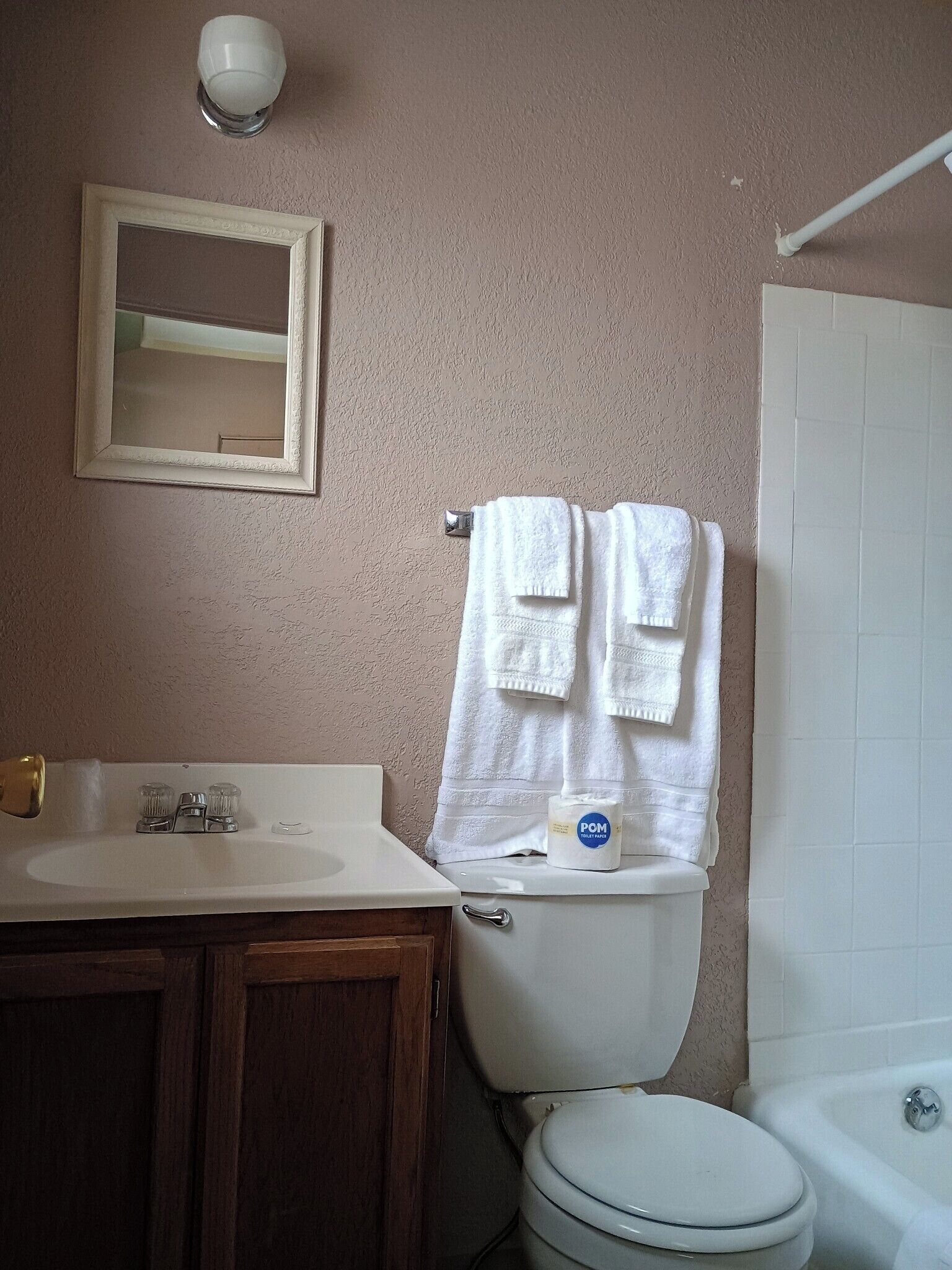 Combined shower/bathtub, hair dryer, towels, soap