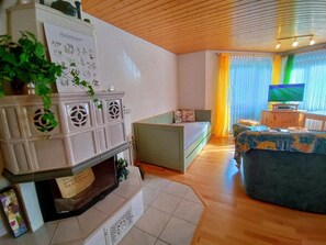 Smart TV, fireplace, DVD player, books