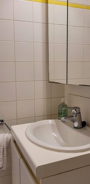 Douche, sèche-cheveux, serviettes fournies, savon