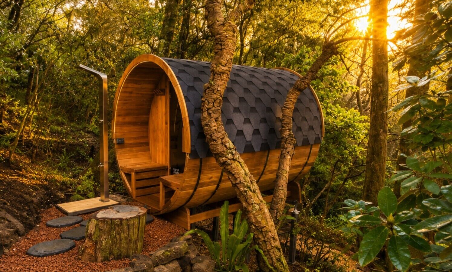 Une structure en forme de tonneau, faite de bois, avec un escalier menant à une porte, le tout entouré d’arbres et baigné de lumière naturelle.