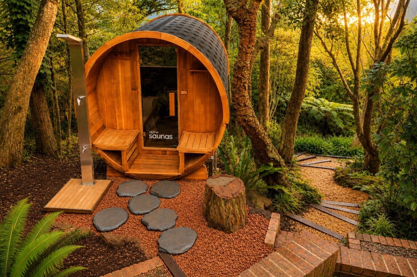 Een houten sauna met banken, omgeven door een bos.