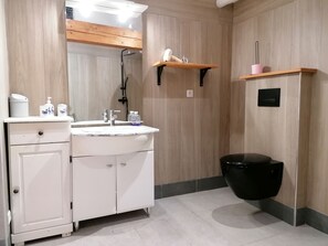 Regadera, secadora de cabello, toallas, jabón 