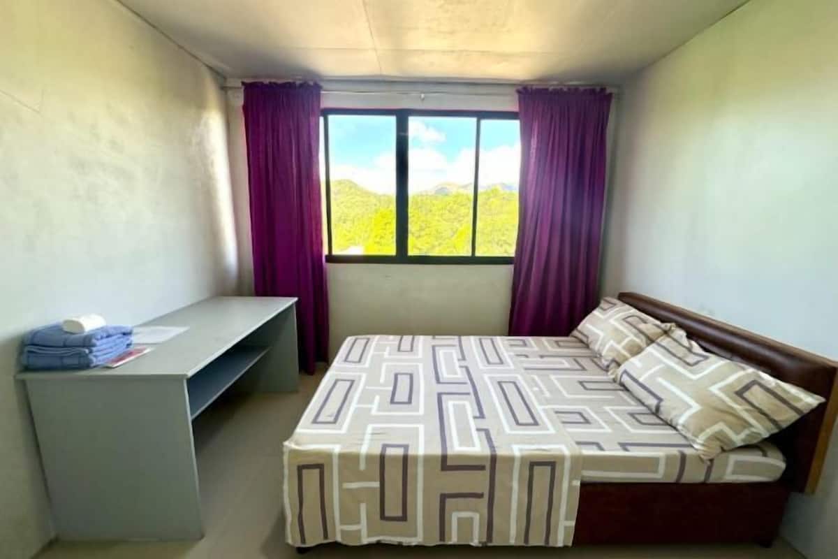 A bedroom with a bed, a desk, and a window with curtains.