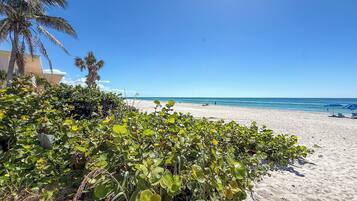 On the beach, sun-loungers, beach towels