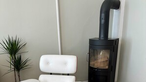 A modern room with a white leather lounge chair, a black wood-burning stove, and a potted plant. - Classical 3 bedroom, 2 bath, minutes walk from Royal Palace, Shopping & Downtown (Oslo)
