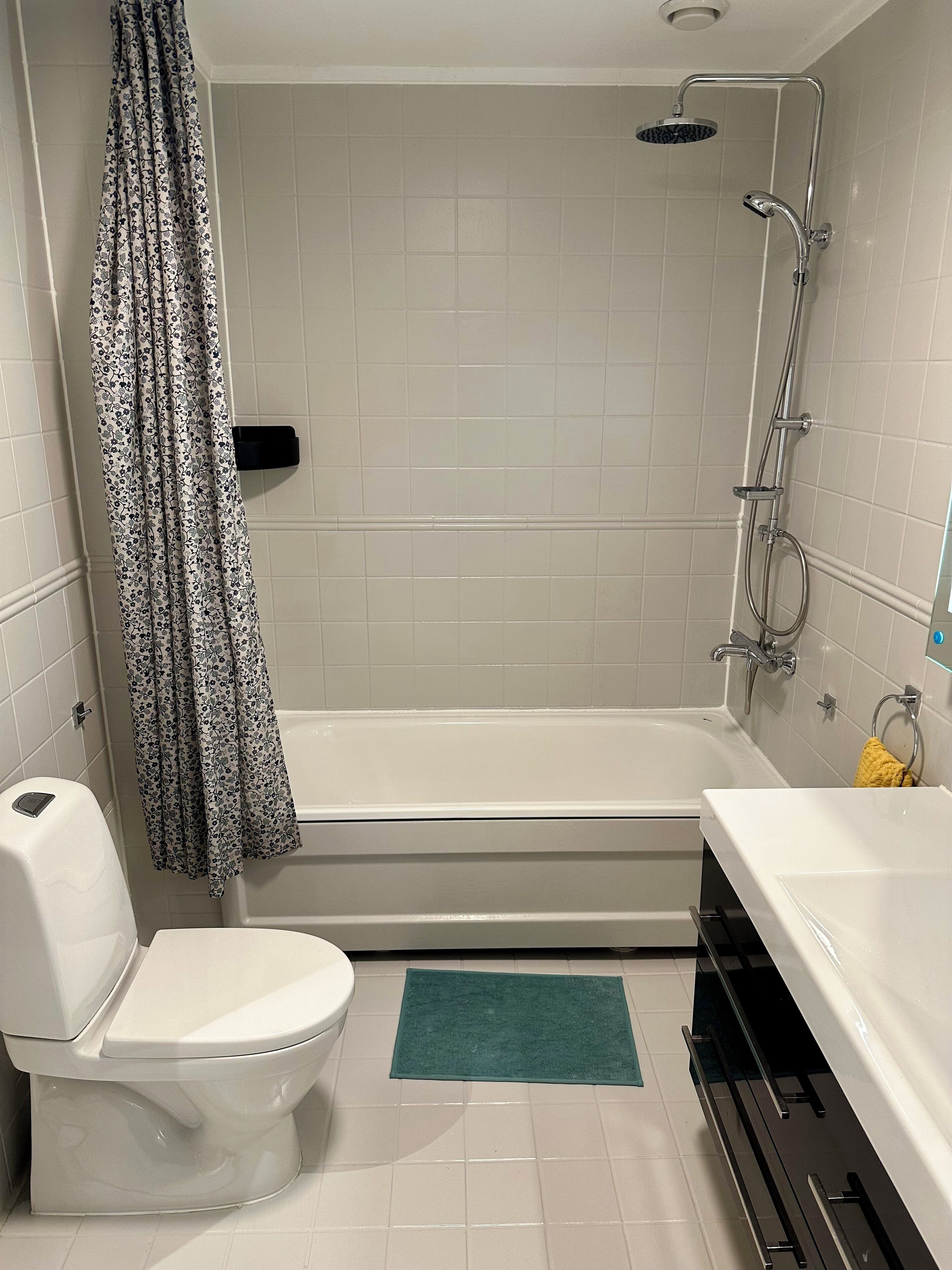 Dusj, hårføner, håndklær og toalettpapir