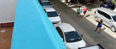 Une vue de rue avec des voitures garées, une rambarde bleue et un arbre aux fleurs rouges.