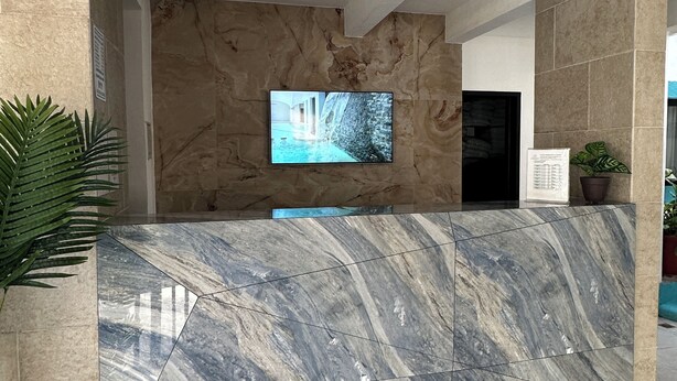 Ein Empfangsbereich mit einer Marmor-Theke, einem an der Wand befestigten Fernseher und einem Blumentopf.