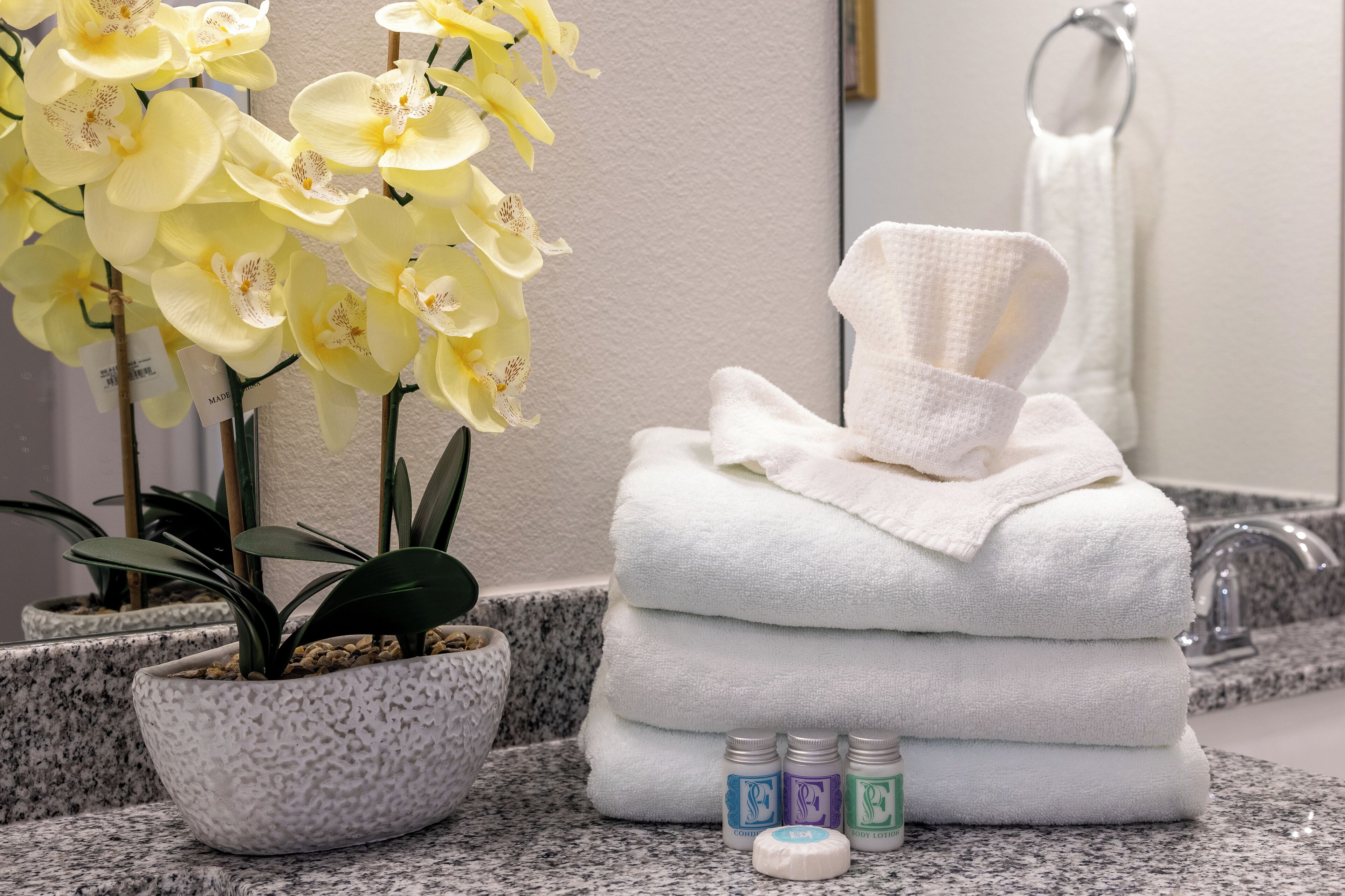 Ein Badezimmer mit Waschbecken, einem Stapel Handtücher, einer Topfpflanze mit Orchidee und drei Toilettenartikeln.