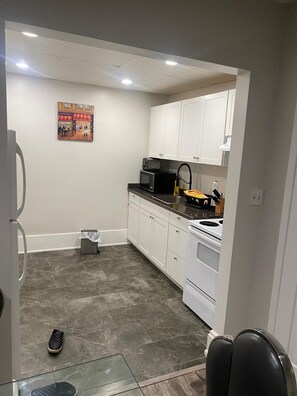 Microwave, oven, stovetop, cookware/dishes/utensils - Downtown Apartment 6-7 People (Bowmanville)