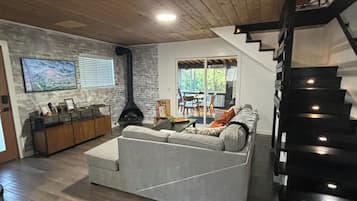 Smart TV, fireplace, books