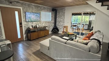 Smart TV, fireplace, books