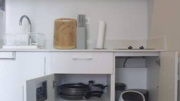 Fridge, microwave, blender, cookware/dishes/utensils