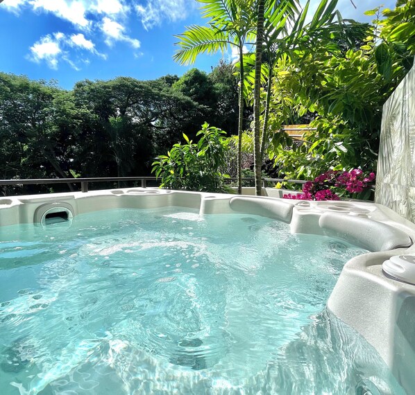 Un bain à remous entouré d’une végétation luxuriante, sous un ciel bleu et dégagé.