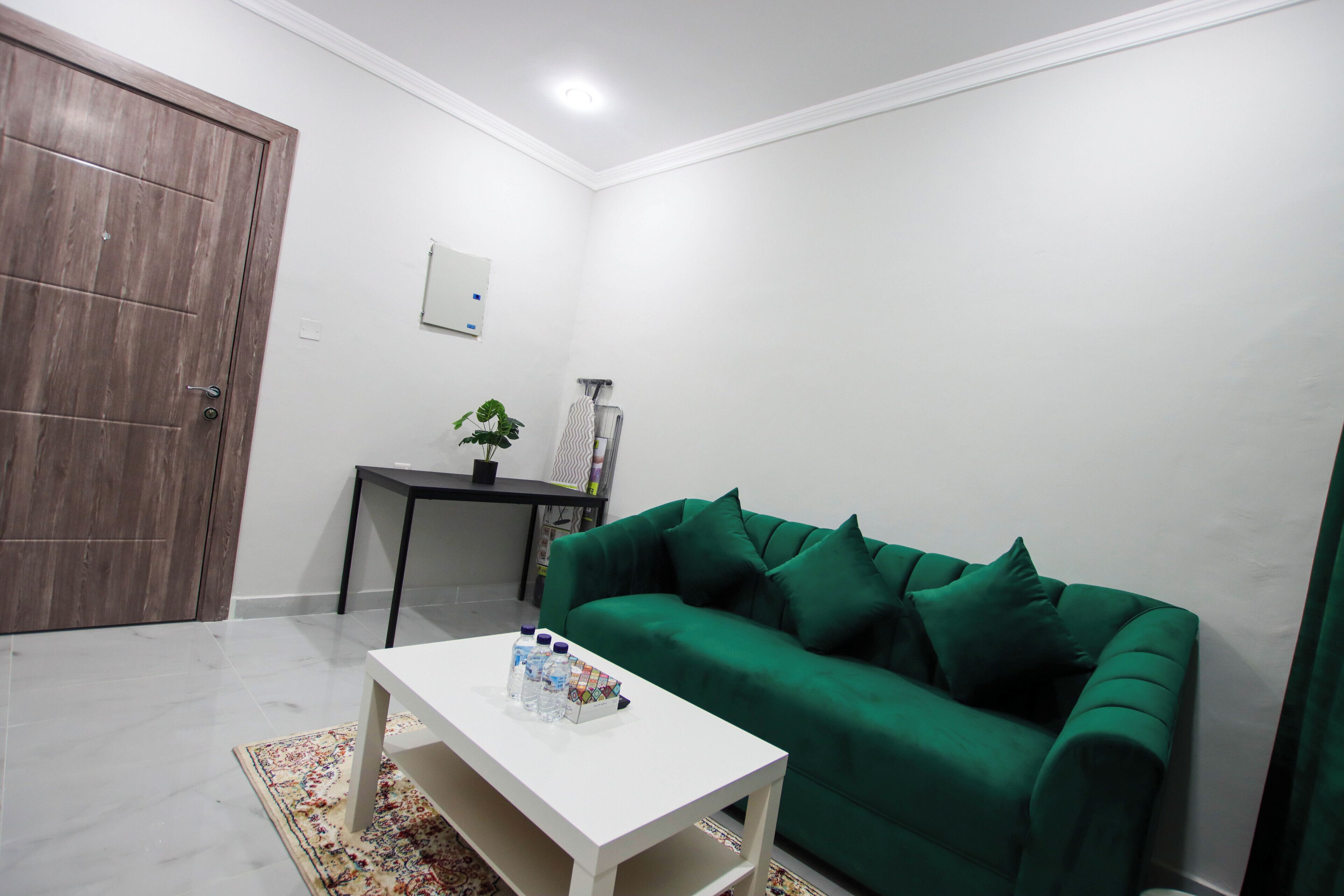 Una sala de estar con un sofá verde, una mesa de centro blanca con botellas, una puerta de madera y una pequeña mesa con una planta.