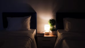 A dimly lit bedroom with two beds, a bedside table with a lamp and a potted plant. - STAR NIGHT FURNISHED APARTMENTS (Fahaheel)