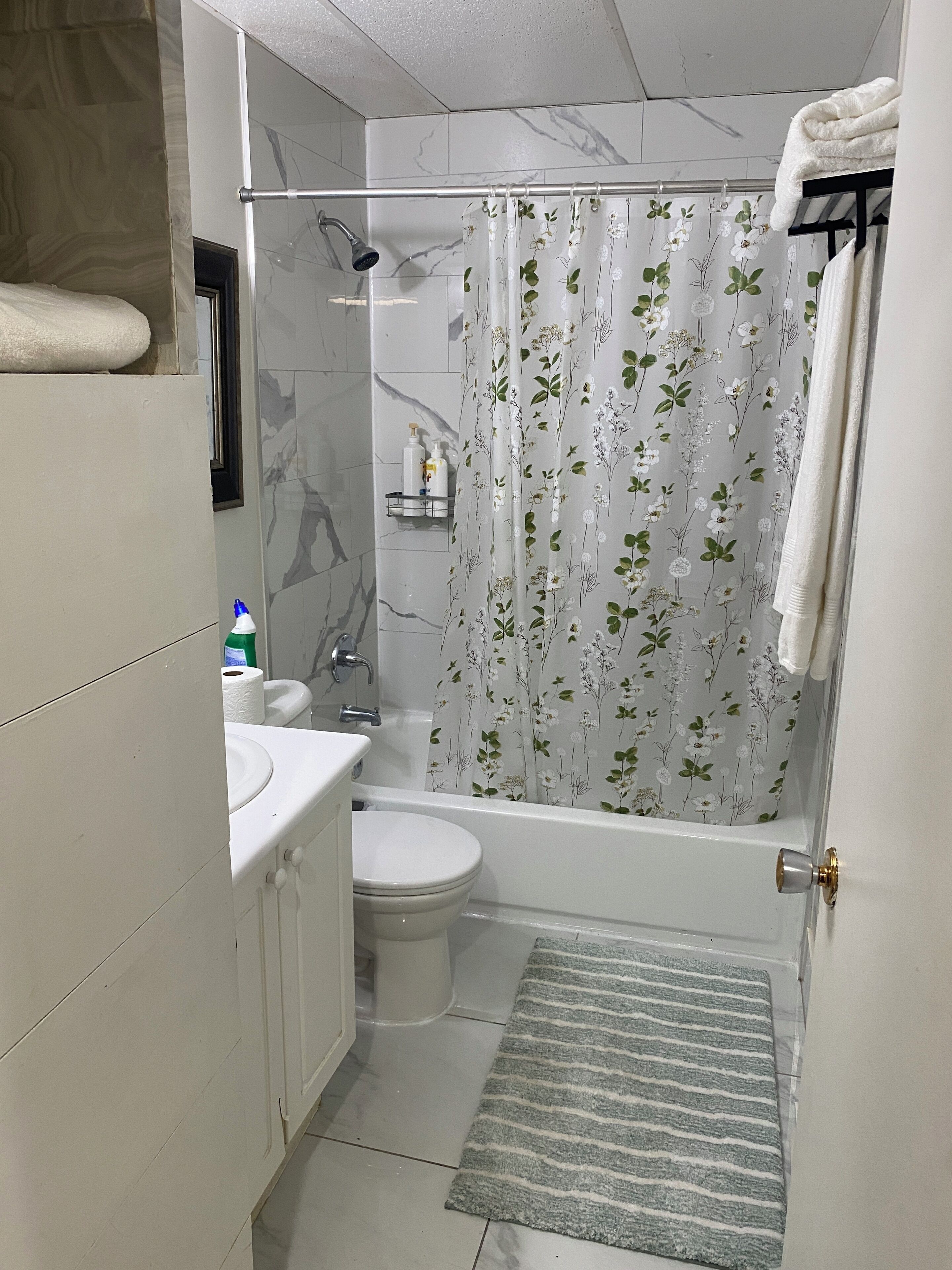 Towels, soap, shampoo, toilet paper