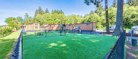 A fenced outdoor area with a green lawn, a playground, and a row of cabins.
