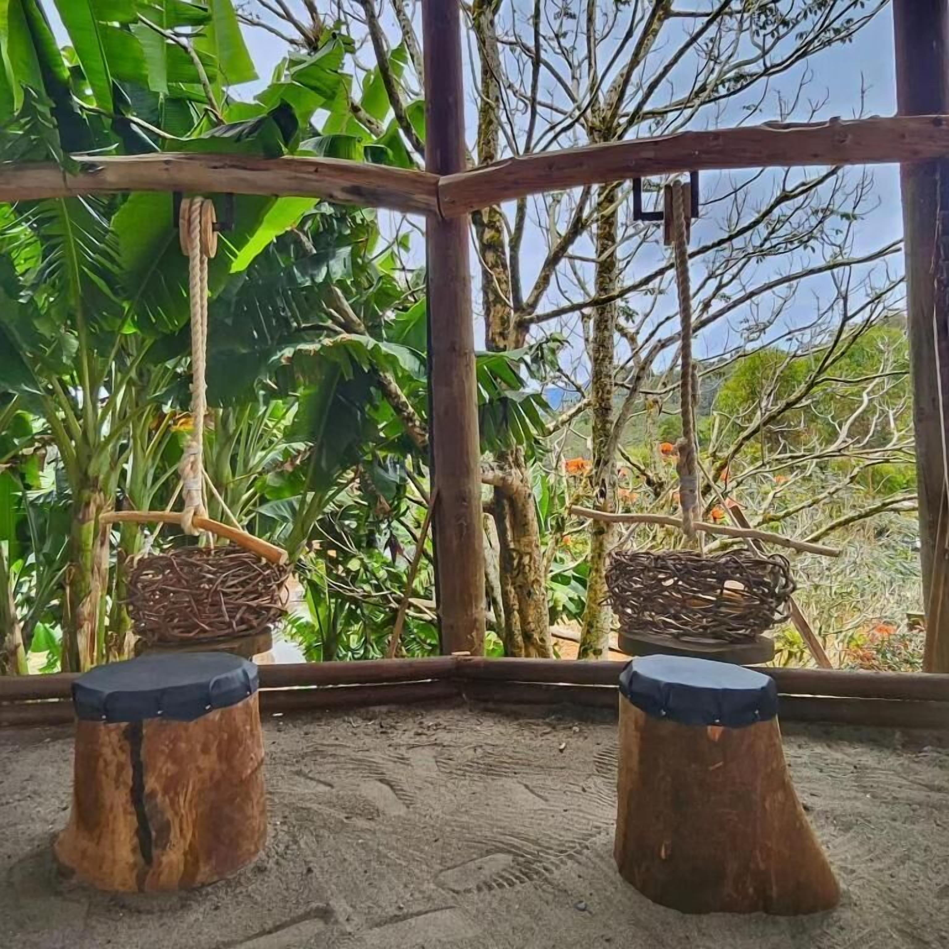 Estrutura de madeira rústica com duas cestas trançadas sobre banquinhos de madeira, rodeada por vegetação exuberante.