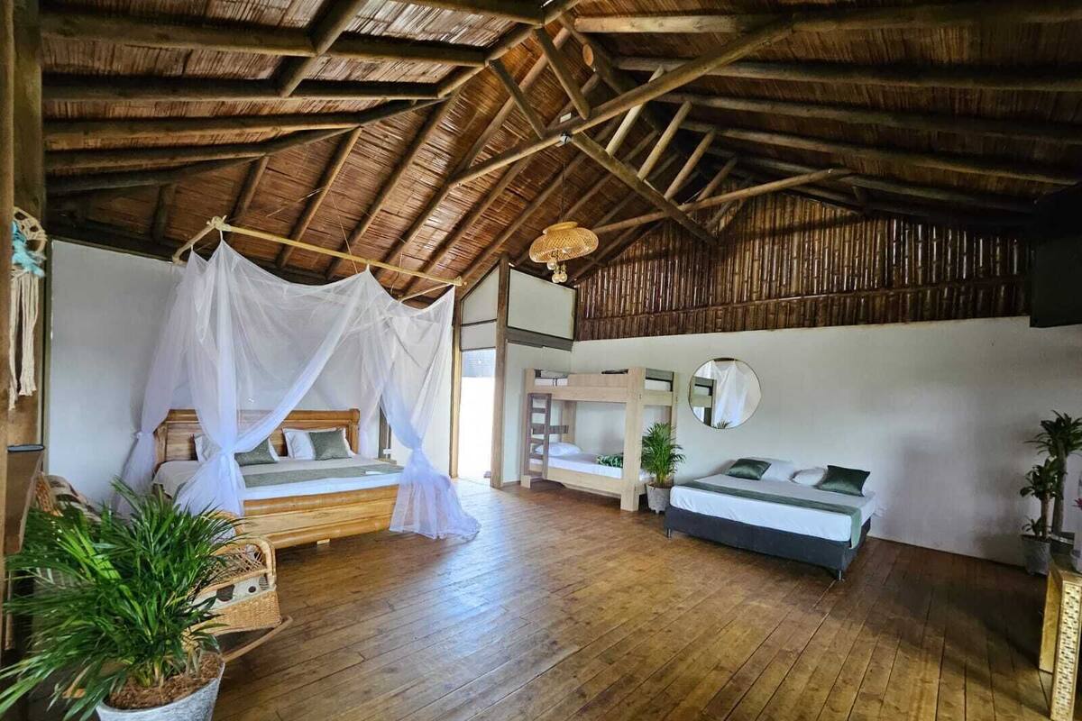 A spacious room with a high wooden ceiling, a bed with a canopy, a bunk bed, and a small table with a plant.