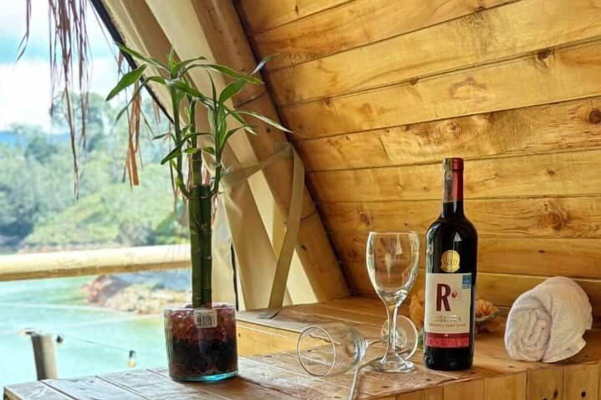 A wooden table with a bottle of red wine, a glass, and a small plant.
