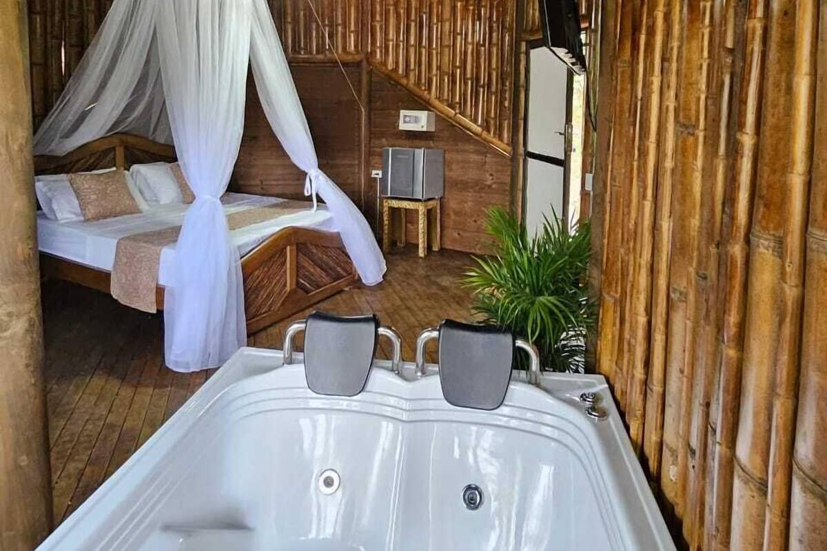 A room with a canopy bed, a hot tub, and a small TV.