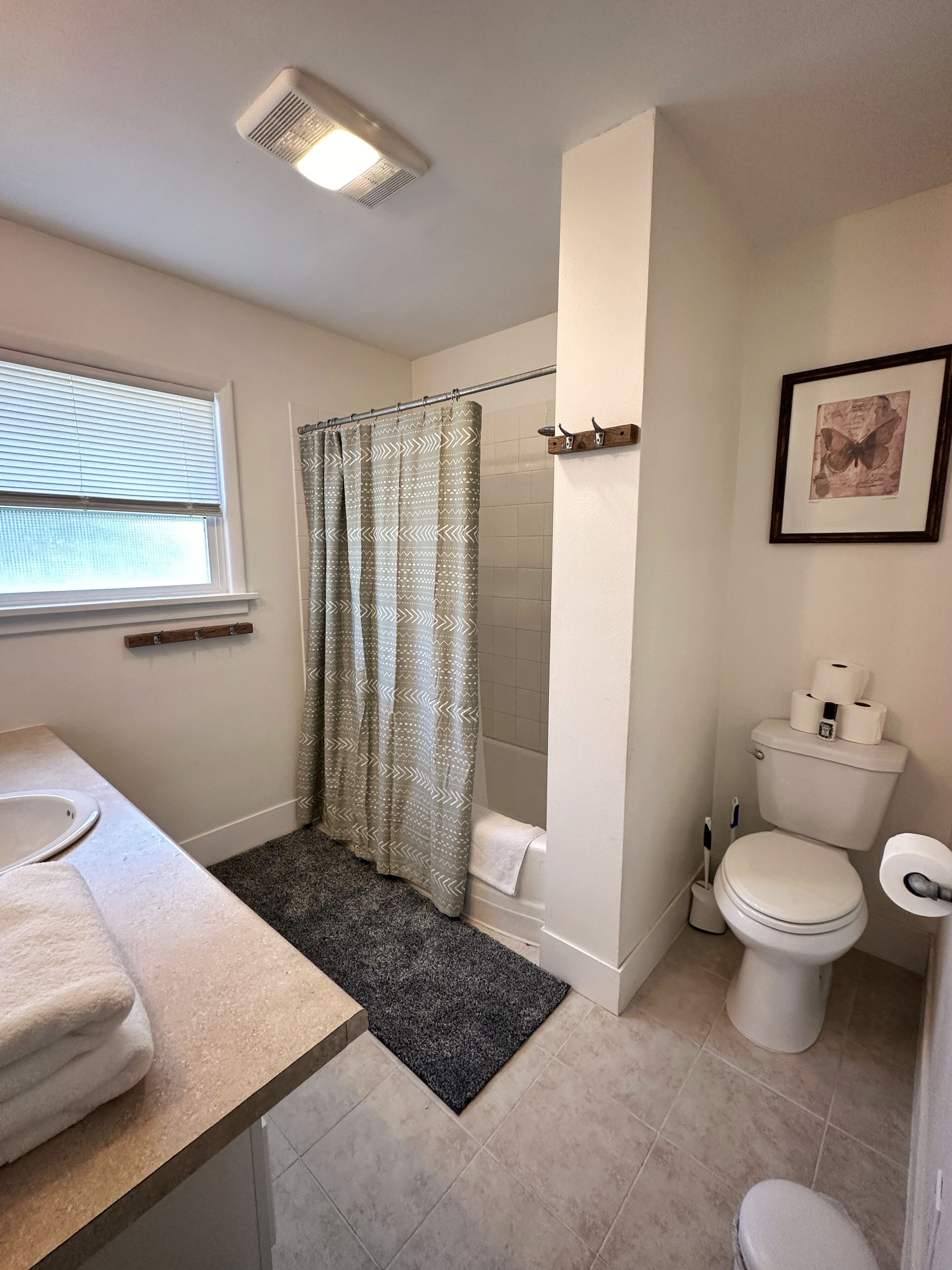 Ein Badezimmer mit Dusche, Toilette, Waschbecken und einem gerahmten Bild an der Wand.