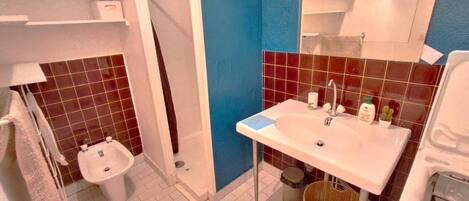 A bathroom with a white sink, a mirror, a towel rack, a shower, and a trash bin.
