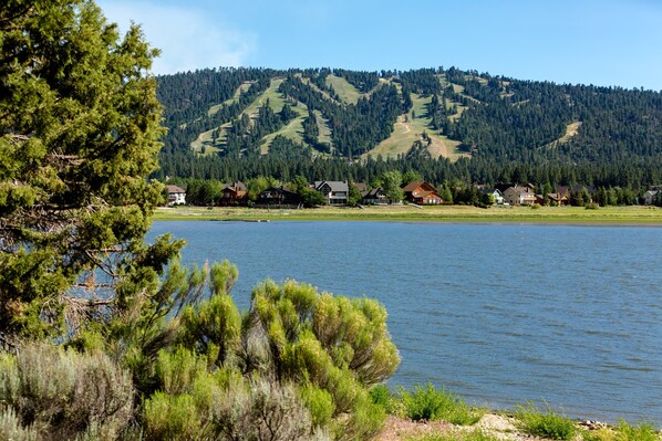A lakeside view with houses and a forested hill in the background. - Large Bear Lodge Relaxing Retreat in the Pines (Sugarloaf)