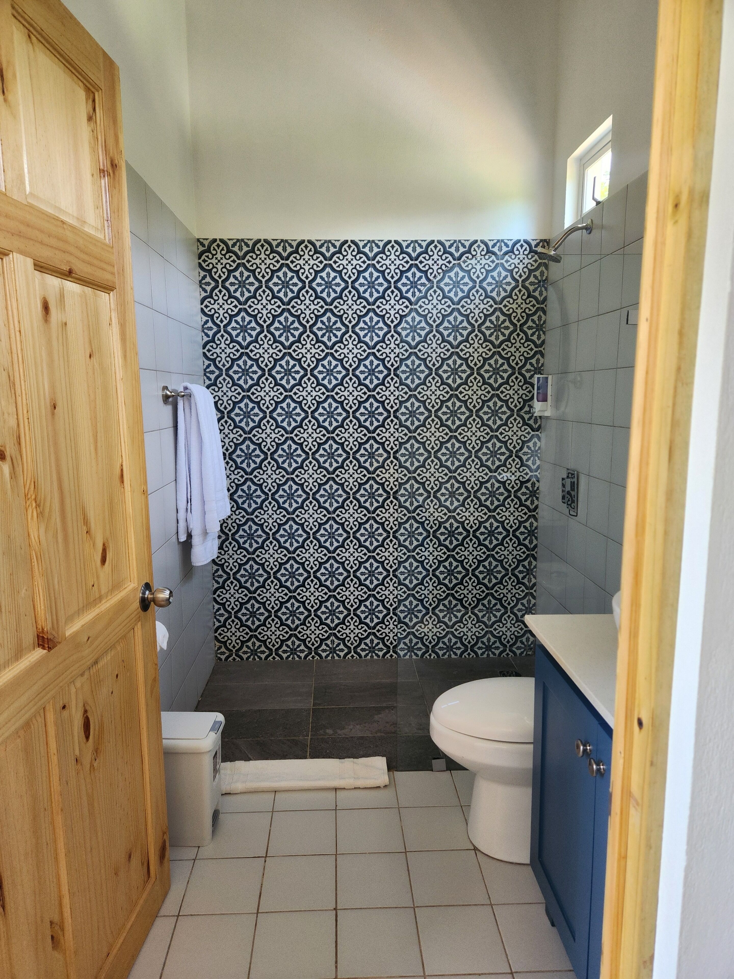 Douche, serviettes fournies, savon, shampoing