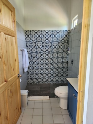 Shower, towels, soap, shampoo