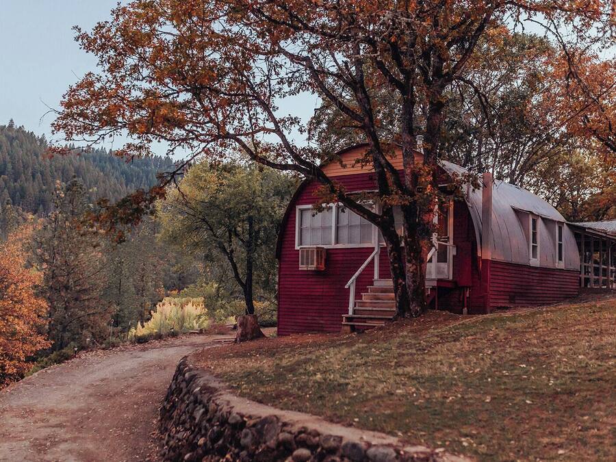 A rustic cabin with a porch, surrounded by autumn foliage and a forested backdrop.