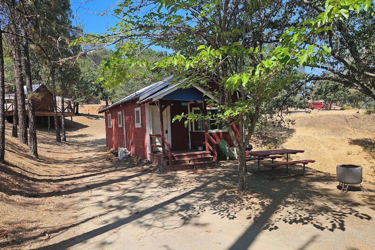 A small red cabin with a porch, a picnic table, and a barbecue grill.