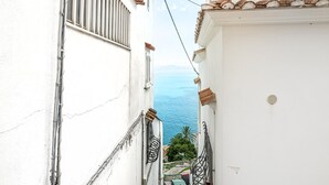 A narrow street with white buildings, a metal gate, and a view of the sea.