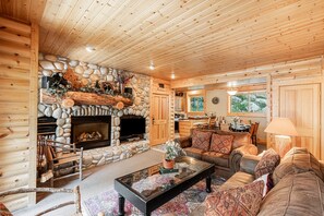 Televisión, chimenea, reproductor de DVD y estéreo 