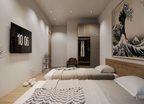 A modern bedroom with a bed, a TV, a wardrobe, and a large artwork on the wall. - Nature Hotel (Xuan Huong - Da Lat)