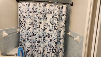 Hair dryer, towels, soap, toilet paper
