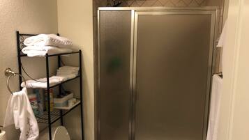 Hair dryer, towels, soap, shampoo