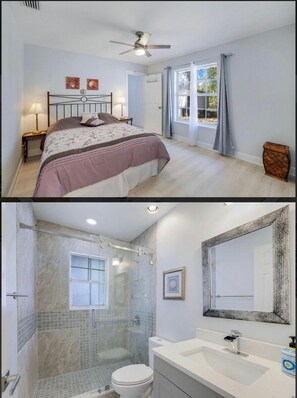 Jetted tub, hair dryer, towels, soap