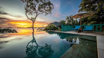 Relax by the infinity pool overlooking the ocean, surrounded by a deck and shaded lounge area.