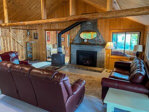 Fireplace, books - Mountain Majesty - Katahdin View & Soft Sand Beach (T4 Indian Purchase Twp)