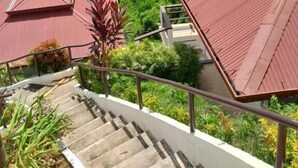 Un escalier menant à un bâtiment doté d’un toit rouge, entouré d’une végétation luxuriante et offrant une vue sur un lac et des montagnes.