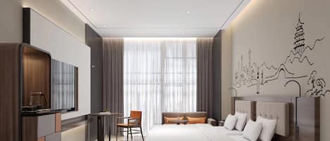 Una habitación de hotel moderna con una cama grande, un escritorio, una silla y un televisor.
