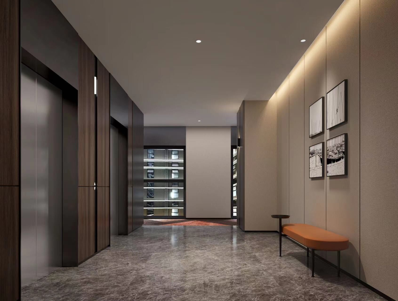 Un couloir moderne avec un sol en marbre, des meubles en bois, un meuble vitrine en verre et un banc.