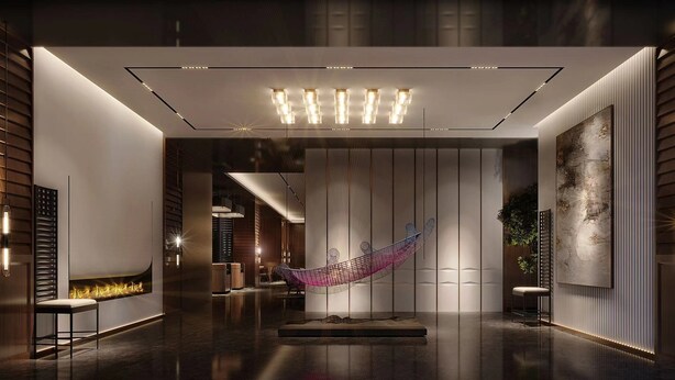 A modern interior with a central hammock, recessed lighting, and a minimalist design.