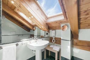 Shower, hair dryer, bidet, towels