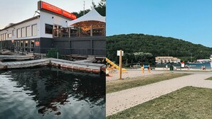 Un bâtiment situé au bord de l’eau, avec une enseigne indiquant « Average Joe’s », et une jetée qui s’avance dans l’eau.