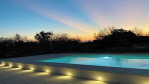 A rectangular swimming pool with a tiled deck and underglow lighting, surrounded by trees and bushes.