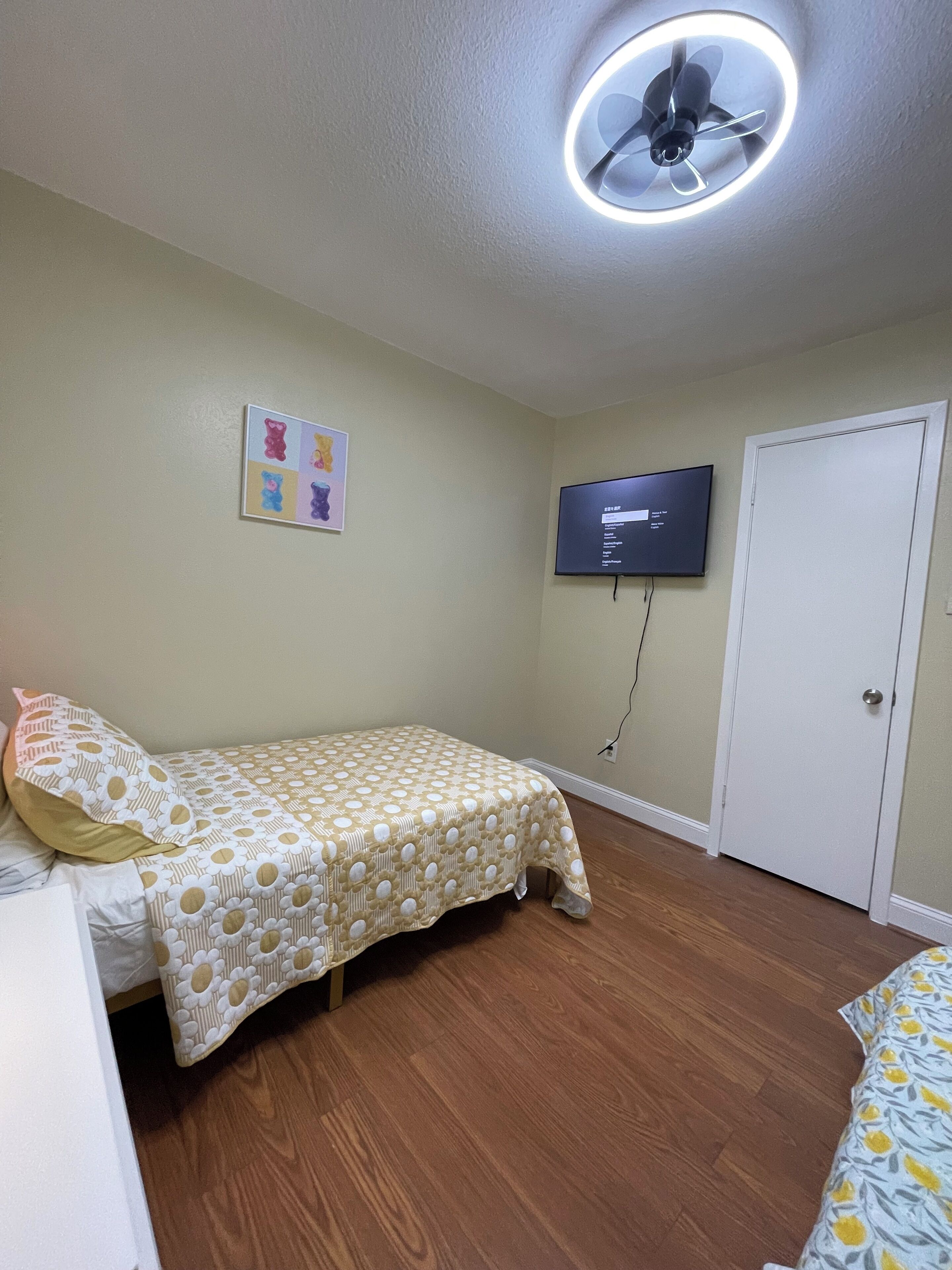 A bedroom with a bed, a ceiling fan, a TV, and a door.